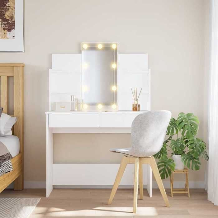 Coiffeuse avec miroir et lumières LED - vidaXL - Blanc - 96x40x142 cm - Bois dingénierie - 2 tiroirs - 4 étagères