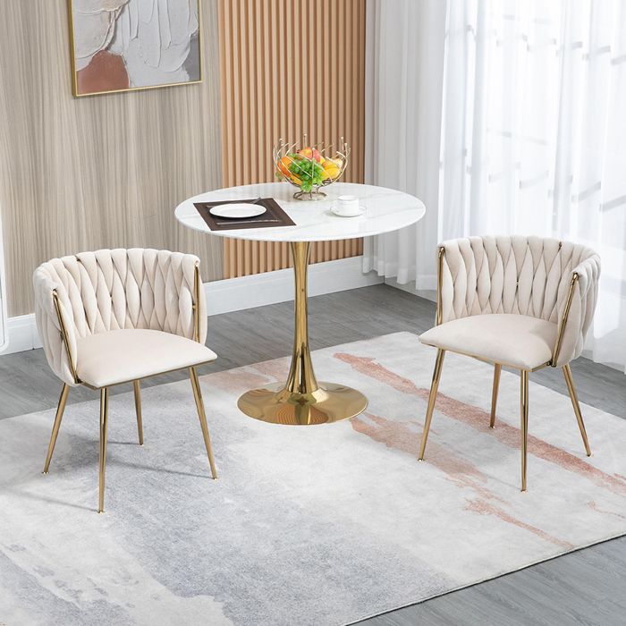Lot de 2 Chaises de salle à manger en velours luxueux avec pieds dorés Ivoire Lot de 2 Chaises de salle à manger en velours luxueux avec pieds dorés Ivoire