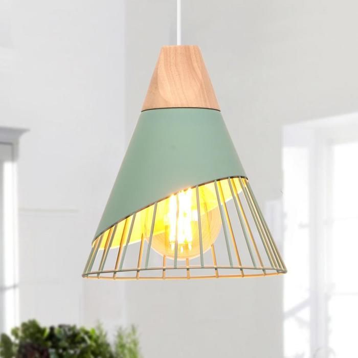 WOTTES 1 x Lustre Suspension Vintage Plafonnier industriel en Métal Vert Avec Design en Bois Lampe Suspendue Pour Salon Bar