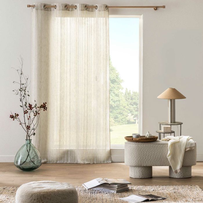 Voilage à œillets Zaho 140 x 280 cm — Beige lin voile tissé crash avec fils chenille