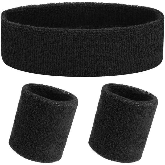 Ensemble de bandeaux de sport cheveux et poignets anti-transpiration running tennis fitness padle absorbant - Noir - Vivezen