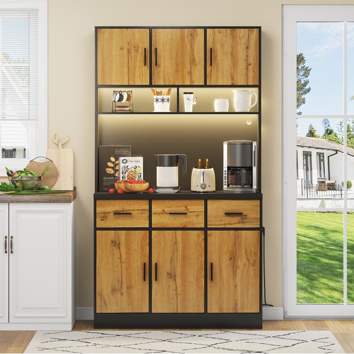 Buffet de cuisine noir et bois avec LED prises intégrées et grand rangement