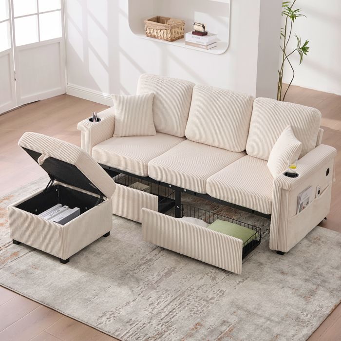 Canapé Modulable 3 Places avec Éclairage LED 2 Tiroirs de Rangement Pouf Stockage et Porte-Gobelets - Velours Côtelé - Beige