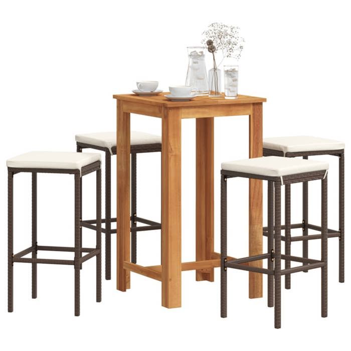 NEW 2026 Ensemble Bistrot/BAR - lot de 5 - 4 Chaises et 1 Table- marron bois massif acacia rotin 60x60x105 cm S632