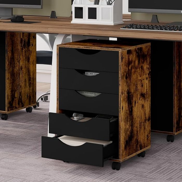 Caisson de Bureau - WOLTU Meuble de Rangement Mobile 5 Tiroirs - Bois dIngénierie - Marron Rustique