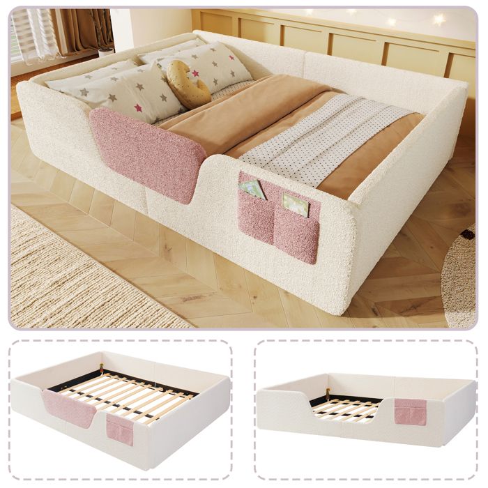 Lit Enfant Rembourré - 140x190 cm - avec Barrières Amovibles et Poche Latérale - Velours Beige - sans Matelas