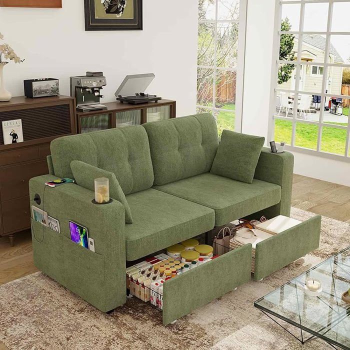 Canapé 2 Places Olive – 2 Tiroirs 2 Porte-Verres Port USB Poche de Rangement – Moderne pour Salon Chambre Bureau CANAPE