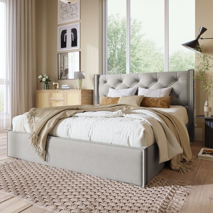 Lit double hydraulique capitonné 160x200cm gris clair cadre métal sommier lattes espace rangement design moderne coton Sans Matelas Lit double hydraulique capitonné 160x200cm gris clair cadre métal sommier lattes espace rangement design moderne coton Sans Matelas