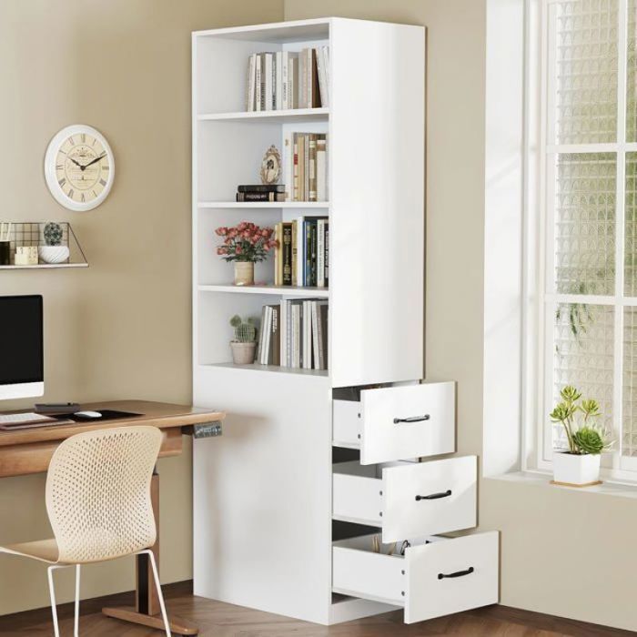Bibliothèque scandinave 180 cm étroite rangement avec 4 casiers et 3 tiroirs adaptable gauche et droite