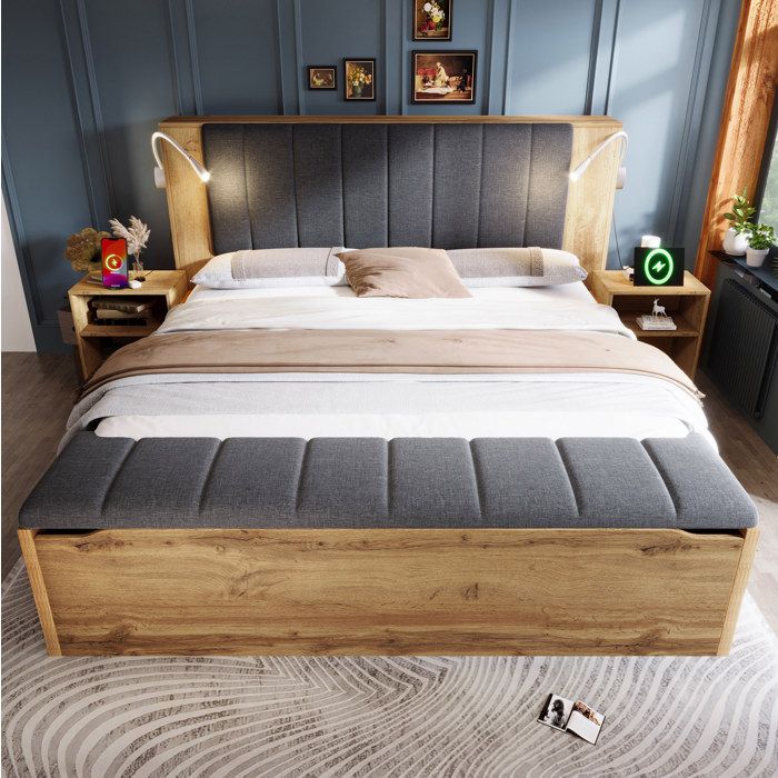 lit adulte 160x200 rangement mobile bois et lin avec tables de chevet banc coffre lampes USB chambre Grjofek