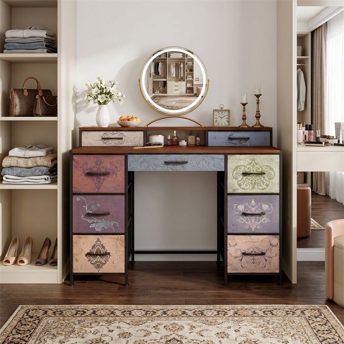 Coiffeuse - Table de maquillage - Coiffeuse avec 9 tiroirs - plateau en bois - Multicolore