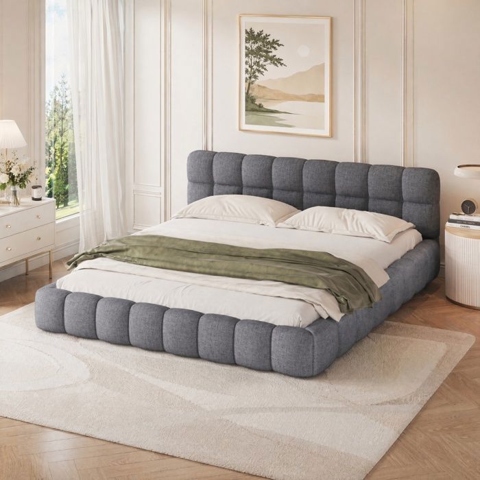 Lit double capitonné 160 x 200 cm Lit adulte avec sommier et dossier moelleux style scandinave lin gris