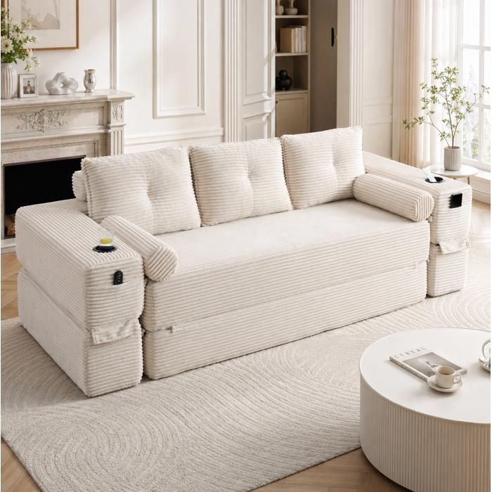 Canapé convertible 3 places en tissu corduroy beige avec porte-gobelet poches latérales et coussins mémoire