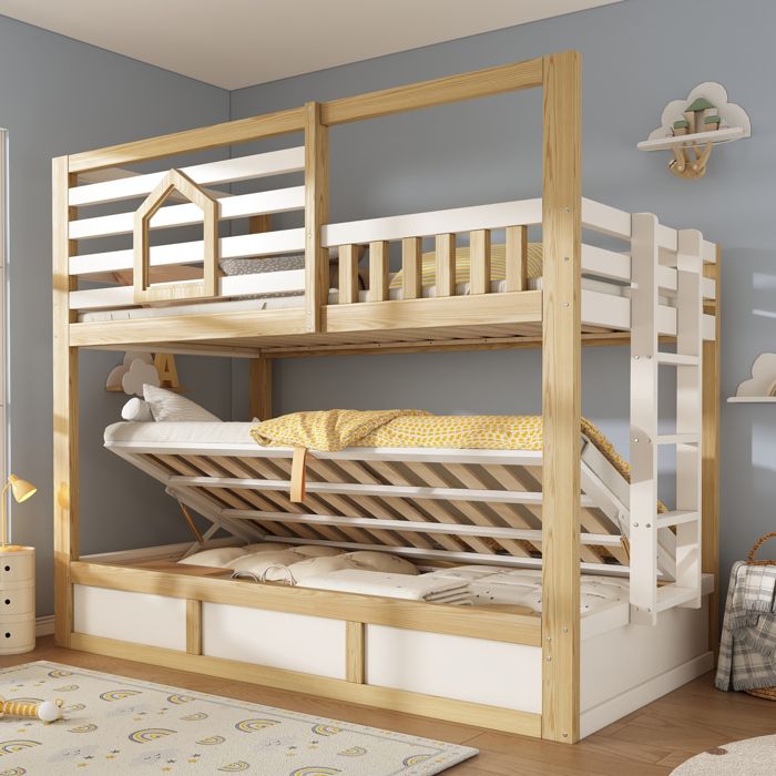 COVREO Lit superposé enfant 90x200 cm 2 couchages style cabane blanc et chêne avec rangement hydraulique