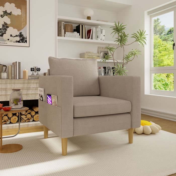 WOVREO Fauteuil 1 place de lecture en chenille 71 x 68 x 82 cm avec poche latérale et coussin kaki