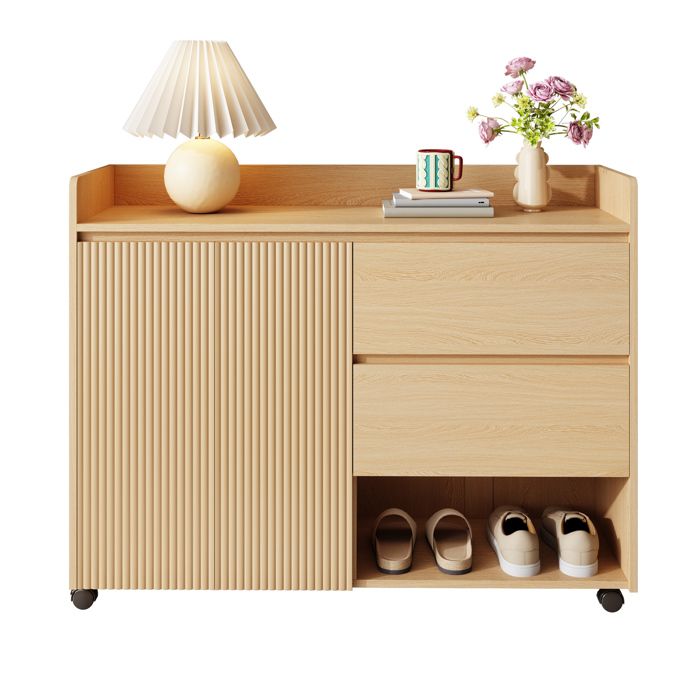 Meuble à chaussures avec porte coulissante 2 tiroirs niche et roulettes avec frein - en MDF - 110×35×86 cm - Naturel