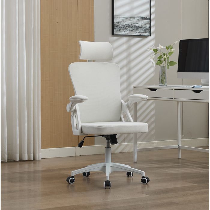 Chaise de bureau ergonomique blanche avec appui-tête soutien lombaire réglable accoudoirs relevables ORVRYN