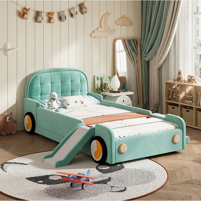 WUVRIE Lit enfant voiture rembourre 90 x 200 cm avec toboggan escalier reversible et protection anti-chute