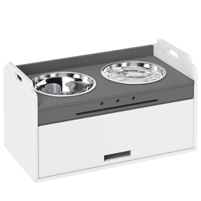 Gamelle surélevée pour chien avec rangement – double bols inox antidérapants – Blanc – 60 x 30 x 355 cm