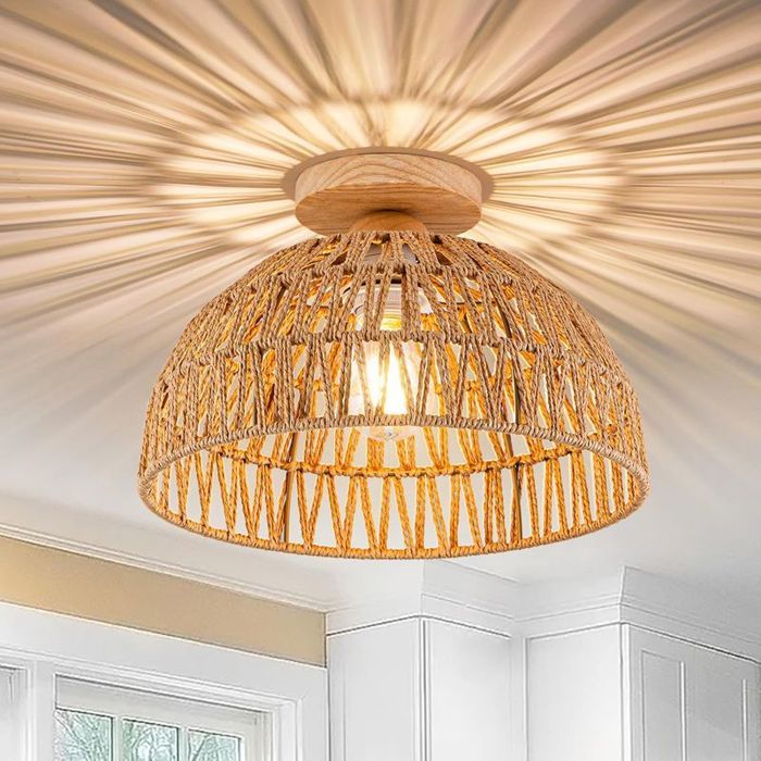 Plafonnier Rotin Pour Salon Lampe De Plafond E27 Avec Abat-Jour En Rotin Décoration Maison Style Vintage Campagne Chambre