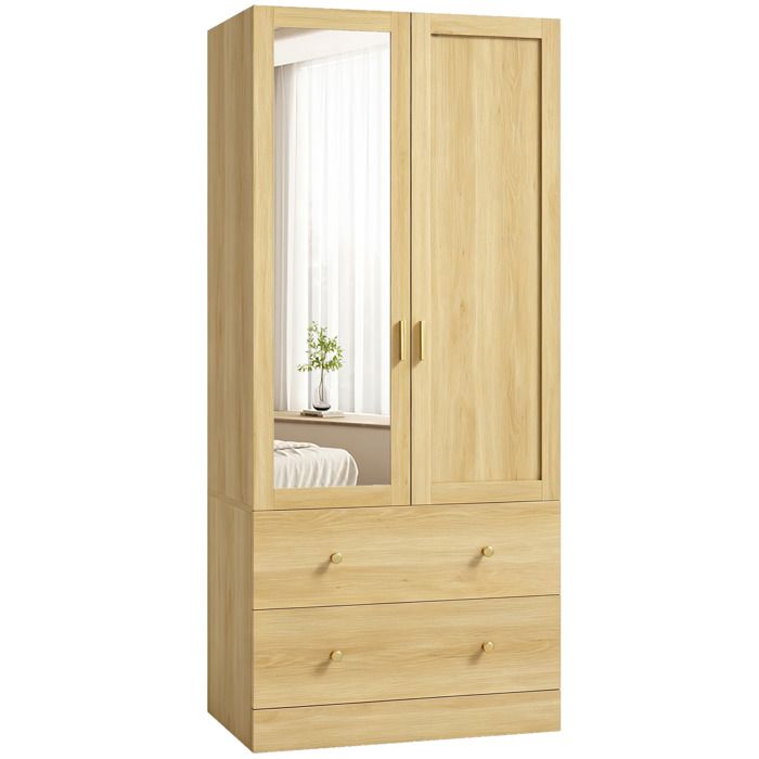 Armoire penderie - HOMCOM - miroir 2 portes 2 tiroirs et barre de suspension - panneau de particules et MDF - 80x50x180cm - chêne Armoire penderie - HOMCOM - miroir 2 portes 2 tiroirs et barre de suspension - panneau de particules et MDF - 80x50x180cm - chêne