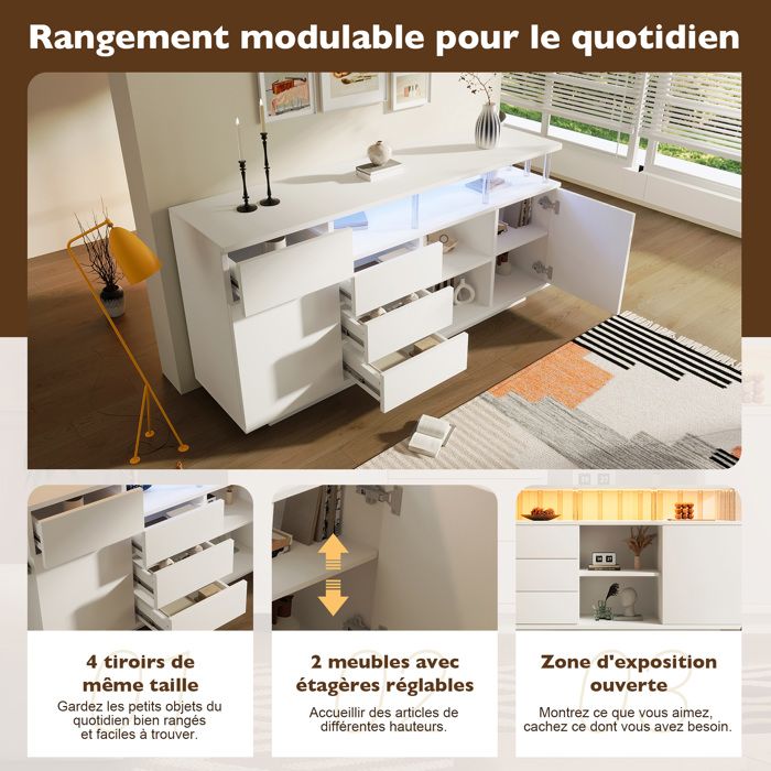 Buffet bas blanc 160 cm 4 tiroirs 2 portes avec LED et colonnes en acrylique étagères réglables ORVRYN