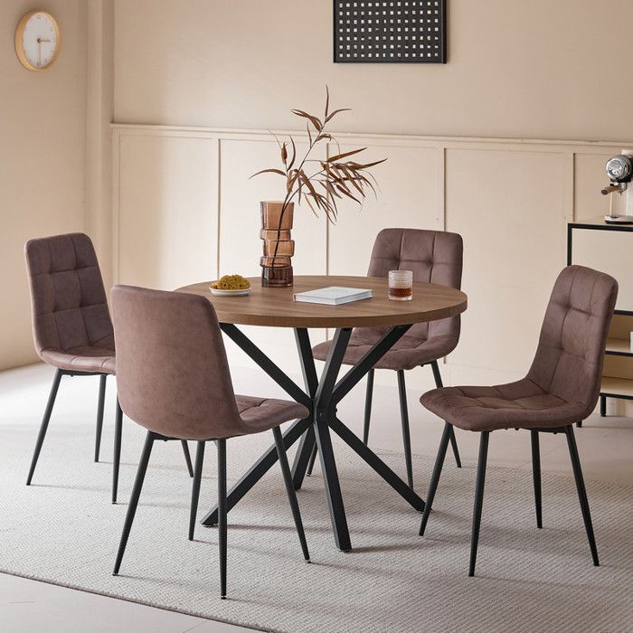 Table et chaises - 4 chaises(brun foncé) - Table ronde bois foncé(L100cm) - Table à manger Scandinave - Table de cuisine