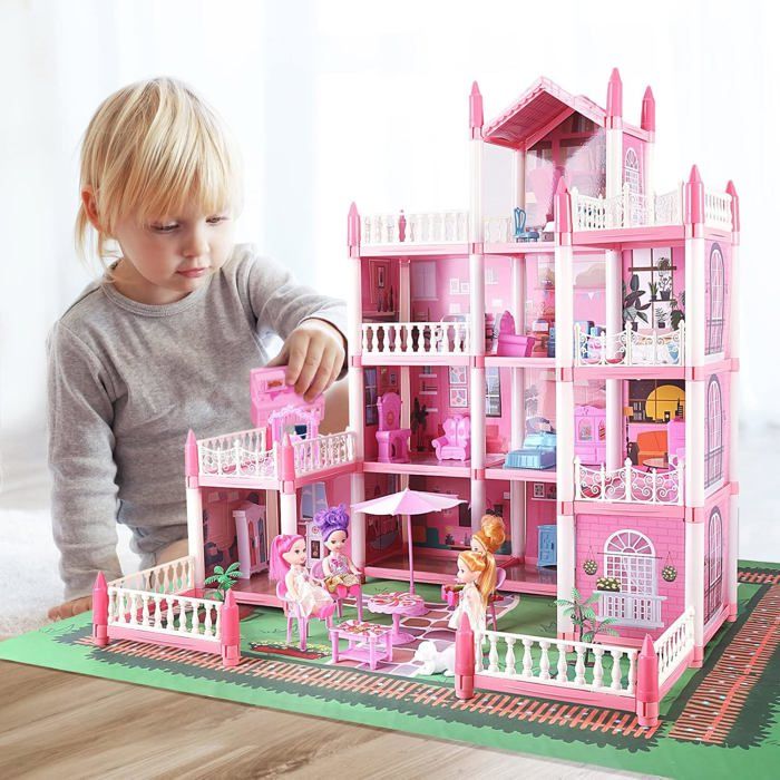Maison De Poupée Château De Princesse Avec 11 Pièces Villa Lumineuse Avec Guirlandes LED Et 4 Poupées Incluses Jouet D’Imitation