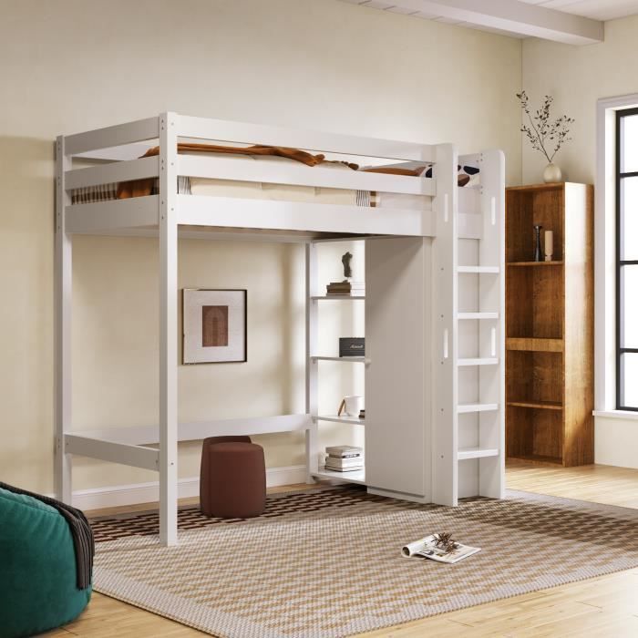 lit mezzanine enfant 90x200 cm avec penderie et 6 étagères de rangement - bois massif -aapaas- blanc