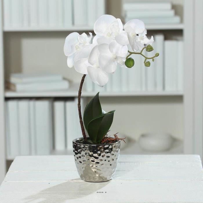 Orchidee artificielle 1 hampe en pot ceramique Argent H 30 cm Blanc neige -  Cdiscount Maison