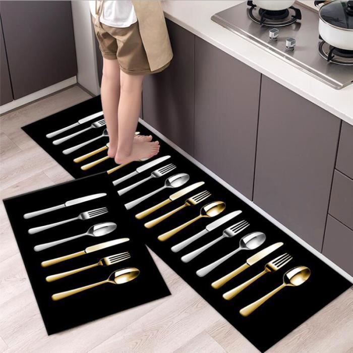 7VSTOHS 2 Pièces Tapis de Cuisine Antidérapant, Tapis de Cuisine Lavable, Noir, 40x60 + 40x120 cm