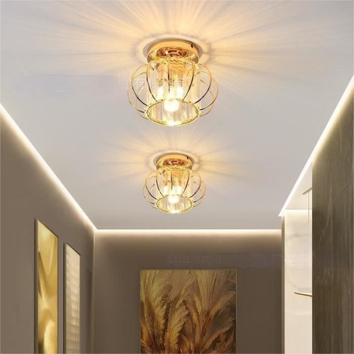 Plafonnier Salon Or Cristal Moderne Stepeak - Lustre Cristal Élégant Abat-jour Verre, Chambre Salle à Manger Couloir Cuisine (23x22cm, E27 Dimmable)
