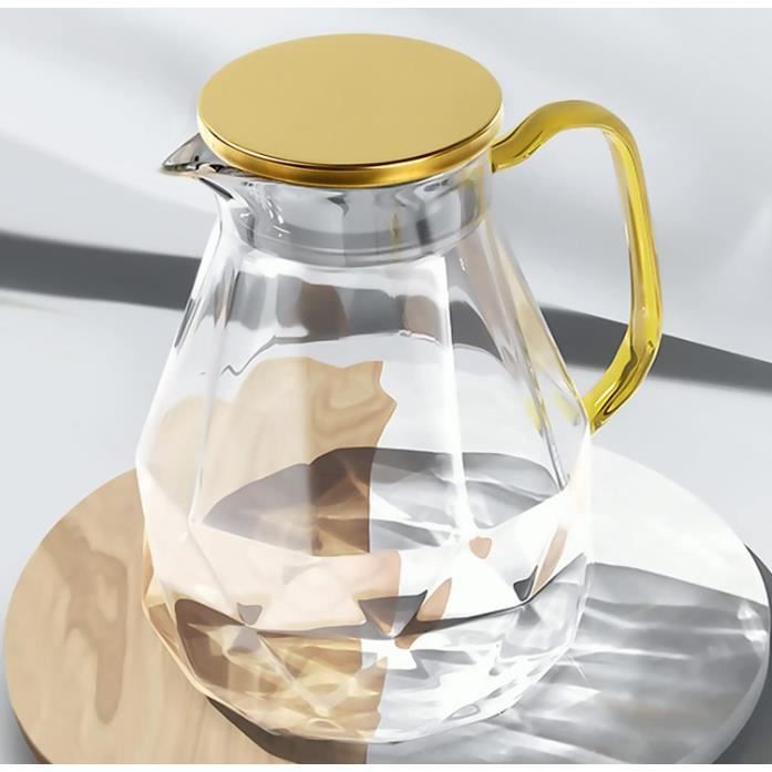 Carafe Eau de1.8L,Pichet en Verre Design Diamant Moderne,Cruche en Verre avec Couvercle en Acier Inoxydable et Anse,Pichet à Eau