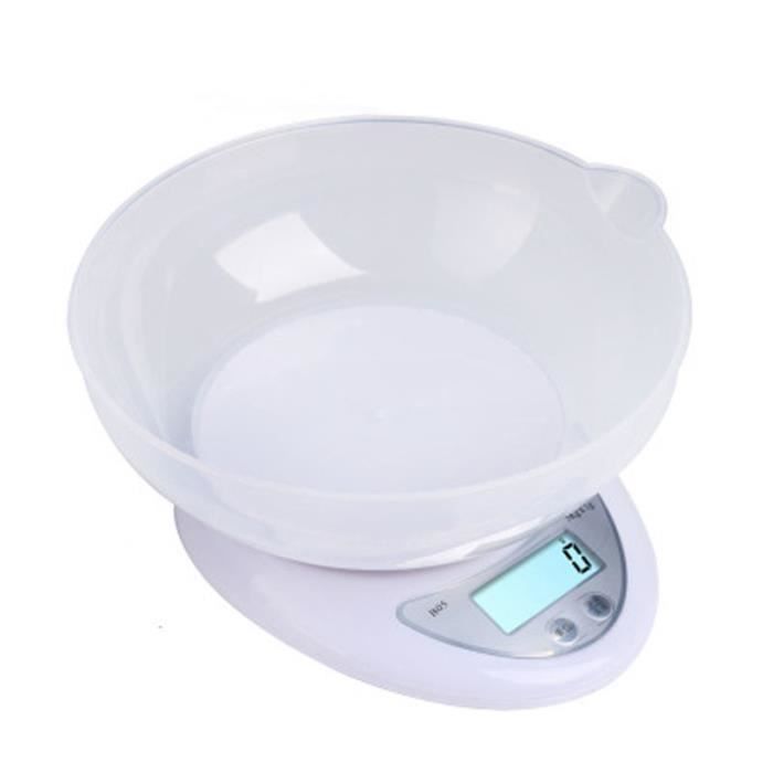 Balance de cuisine avec bol 5kg LCD numérique Balance culinaire électronique  - Blanc