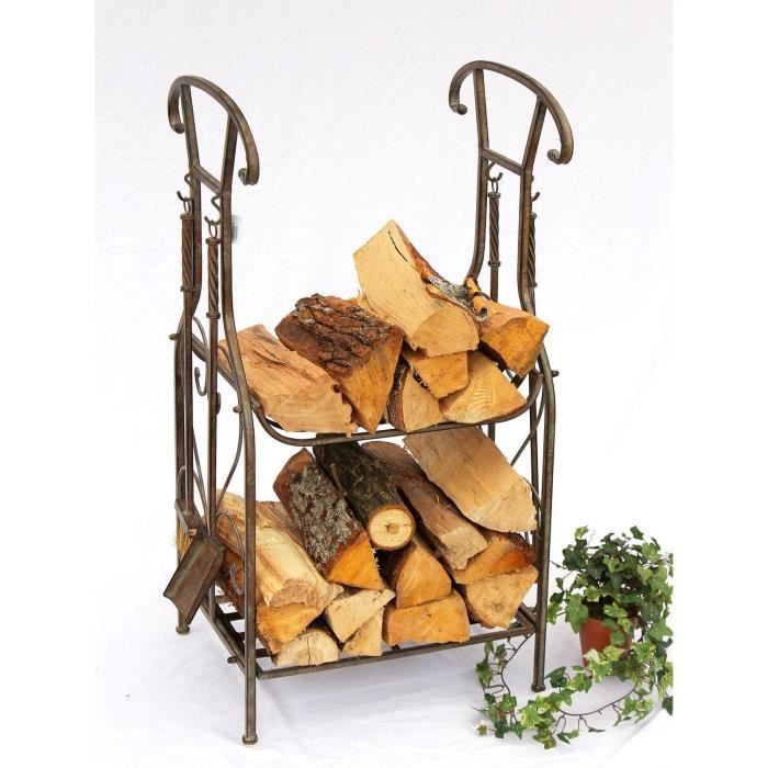 etagère bois de cheminée dandibo avec ustensiles et porte bois de chauffage - style campagne - marron