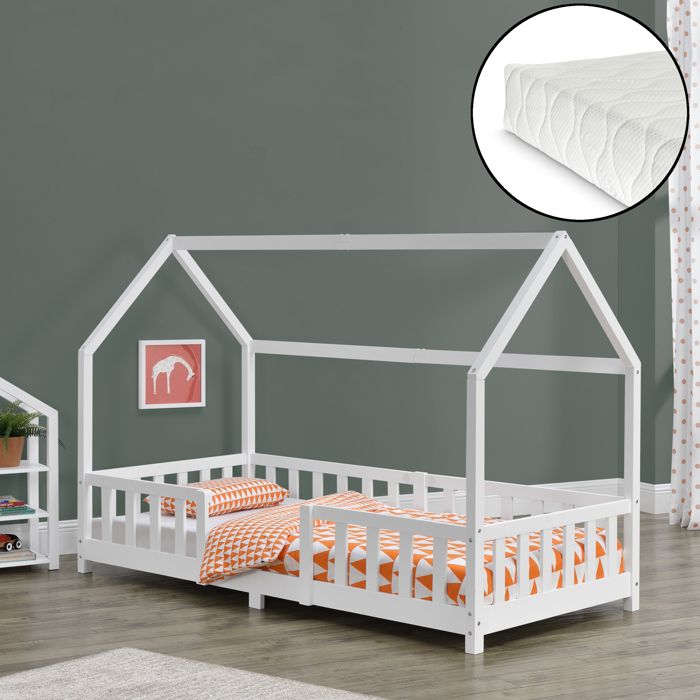 Lit denfant Forme Maison Sisimiut avec Matelas à Mousse à Froid 200 x 90 cm Blanc