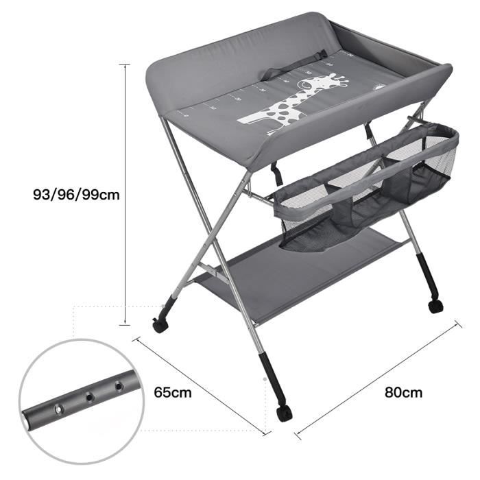 Table à Langer Pliable 5 En 1 Avec Roulettes - Hauteur Réglable, Panier Rangement, Séchoir à Linge, Gris