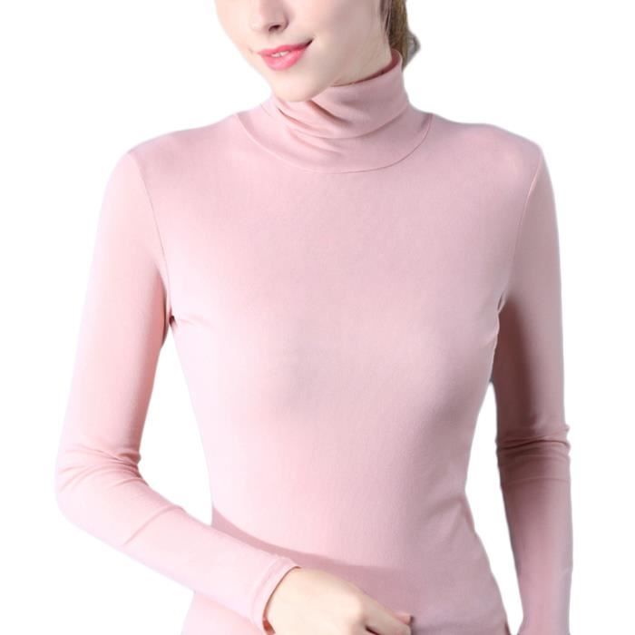 Pull Femme a Manches Longues Top Basic Col Roule Elastique Tops Moulant Body Chic Haut Slim Fit Pink Pink Cdiscount Pret a Porter