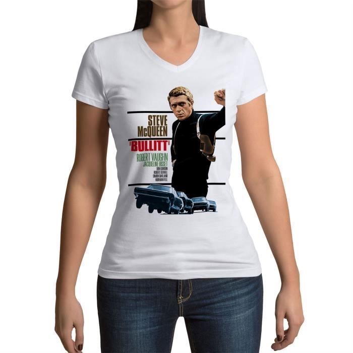 T shirt Femme Col V Affiche de Film Bullit Steve Mc Queen