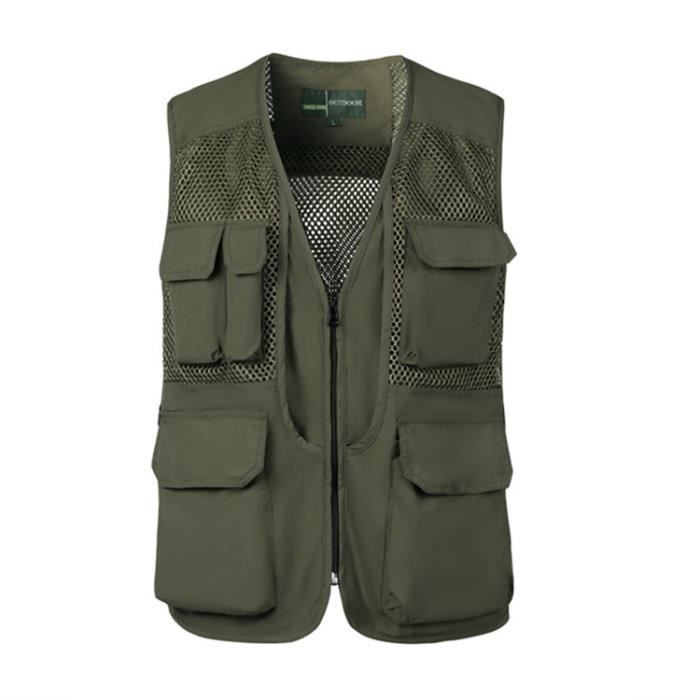 Gilet de Pêche à La Mouche Réglable 17 Poches Taille Unique Différents Types de Pêche Vert