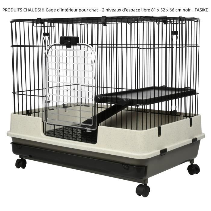 PRODUITS CHAUDS!!! Cage d'intérieur pour chat domestique - 2 niveaux d'espace libre 81 x 52 x 66 cm noir - FASIKE