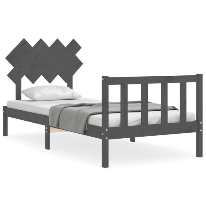 Cadre de lit avec tete de lit gris simple bois massif SALUTUYA DP2875 Cdiscount Maison