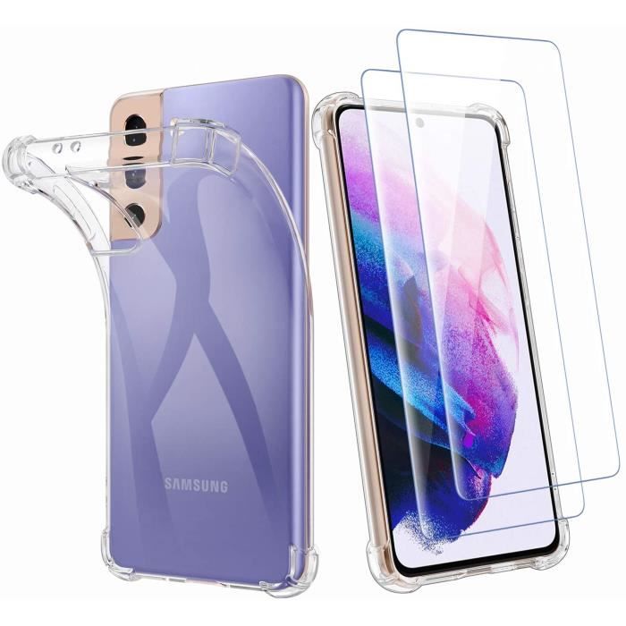 Coque Samsung Galaxy S21 Plus + 2 Verres Trempés Protection écran 9H Anti-Rayures Housse Silicone Antichoc Transparent