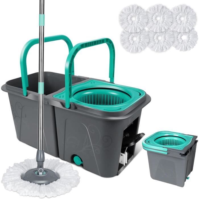 MASTERTOP Balai Serpillière Rotatif 360° Avec Seau Essoreur à Pédale - 3 Tampons Microfibre Inclus