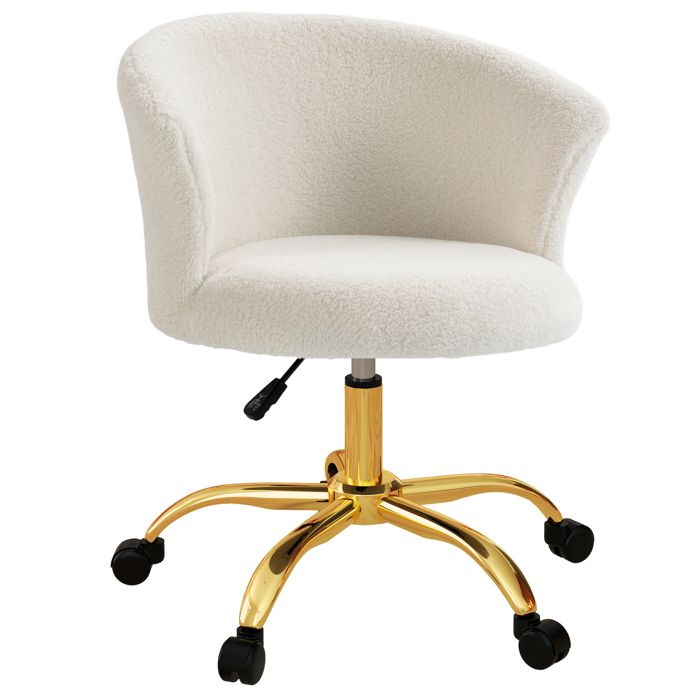 Chaise de bureau - Vinsetto - polaire teddy coiffeuse pivotante réglable pieds dorés - lin métal - blanc