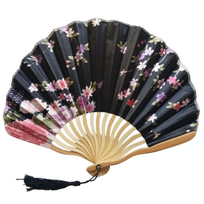 Éventail à Main Pliable Décoratif - Cadre Bambou, Tissu Noir, 63,5 Cm Ouvert, Pour Fêtes & Mariages