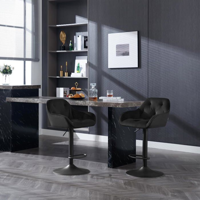 Lot De 4 Tabourets De Bar Avec Dossier - Hauteur D'assise 70 Cm, Velours Noir, Structure Métal - Repose-pieds, Patins Réglables, Charge 120 Kg