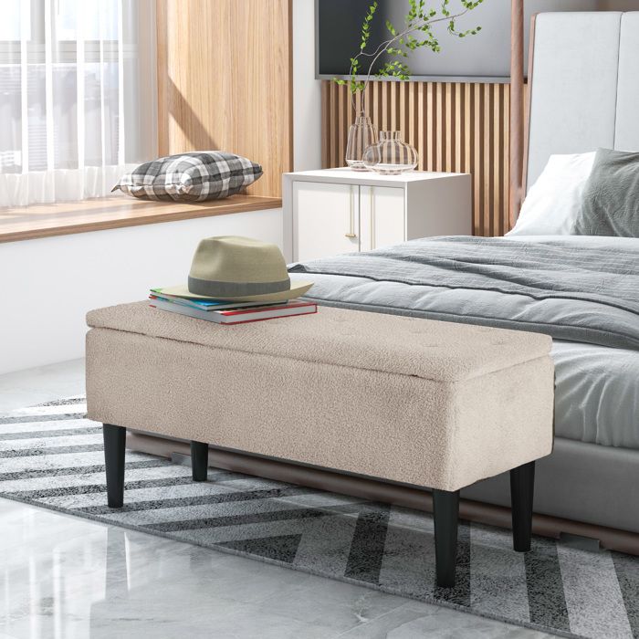 Banc Rangement HOMCOM 80x35x40cm - Coffre Velours, Pieds Bois, Charge 120kg - Crème