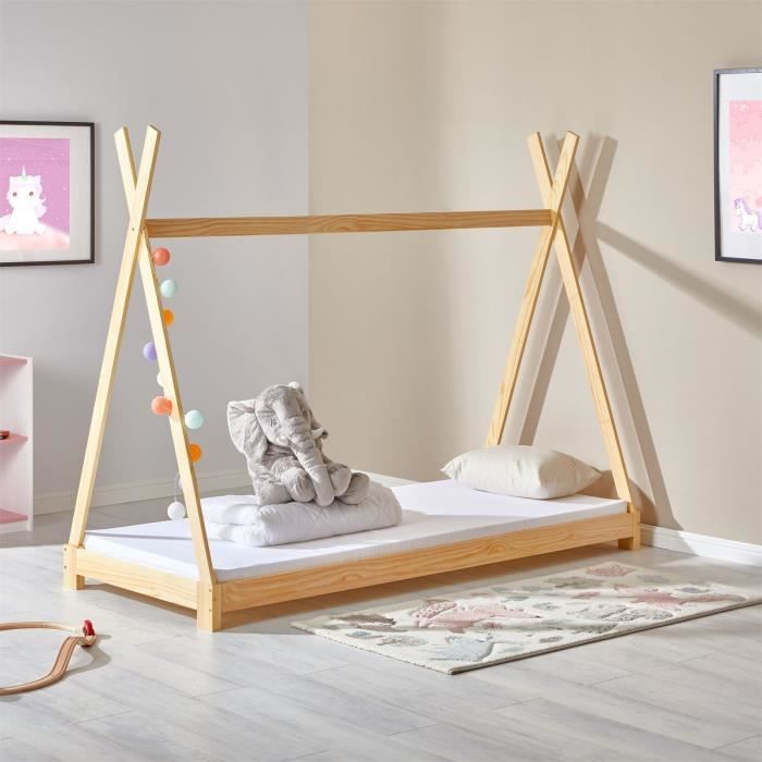 Lit tipi ELIN lit enfant simple en bois, 90 x 200 cm, en pin massif à la  finition naturelle - Cdiscount Maison