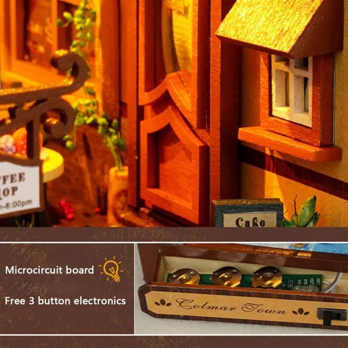 Kit de bibliothèque miniature en bois avec capteur de lumière LED, décoration de serre-livres pour adultes et adolescents (bibliothèque